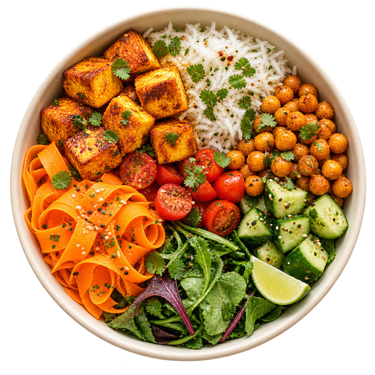 Paneer, rice, chickpeas and colourful vegetables in a bowl